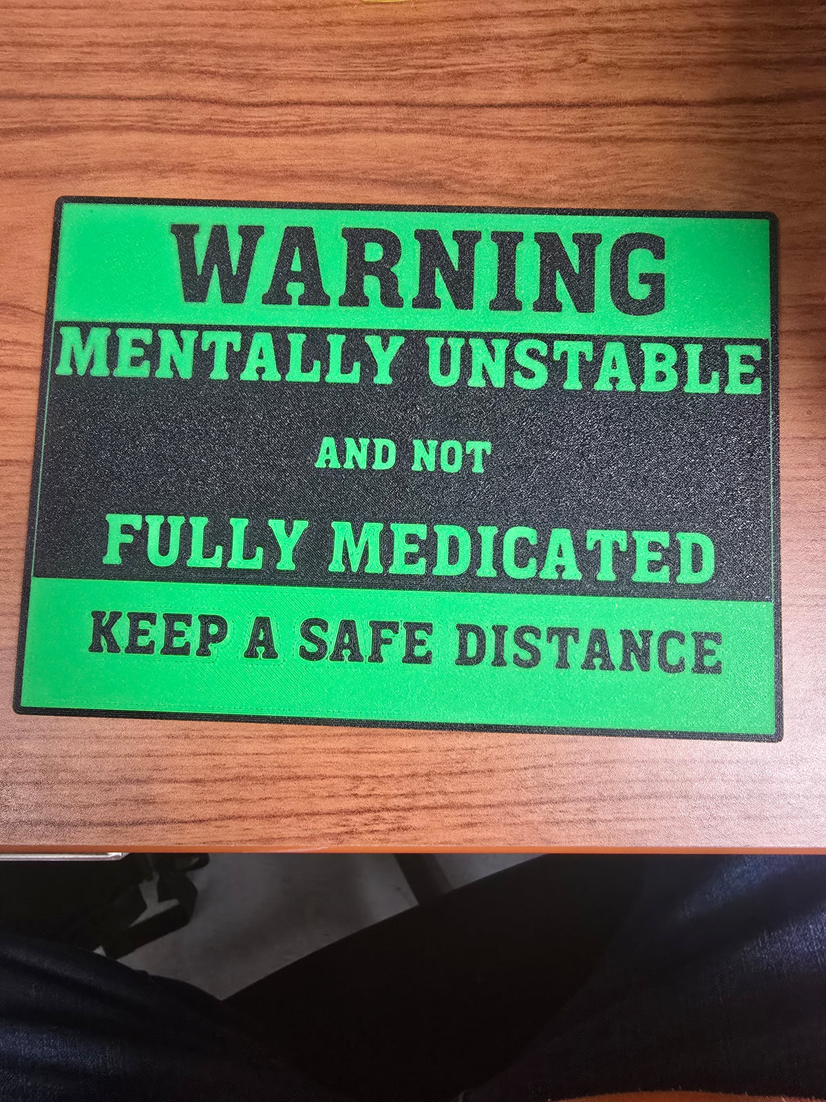 Warning: Mentally Unstable & Not Fully Medicated – Funny 3D Printed Novelty Sign | 7x9