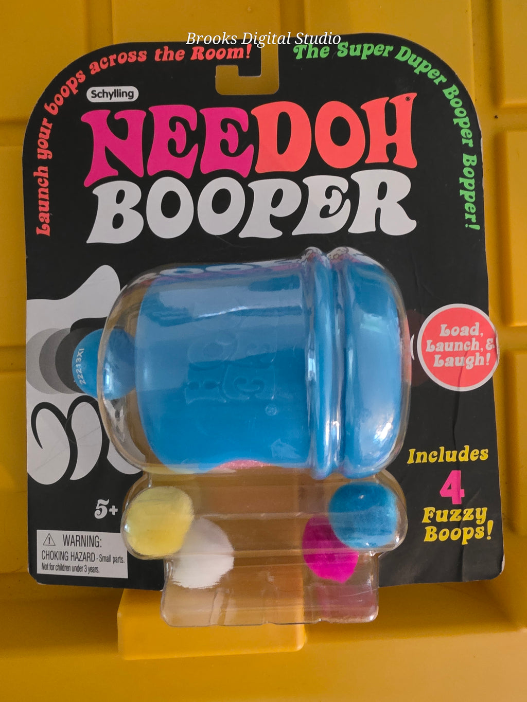 RARE! Schylling NeeDoh Booper – Blue Fuzzy Pom-Pom Launcher with 4 Boops
