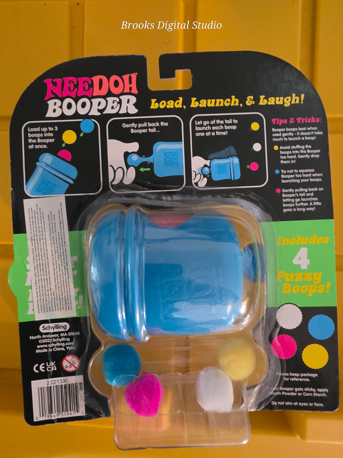 RARE! Schylling NeeDoh Booper – Blue Fuzzy Pom-Pom Launcher with 4 Boops